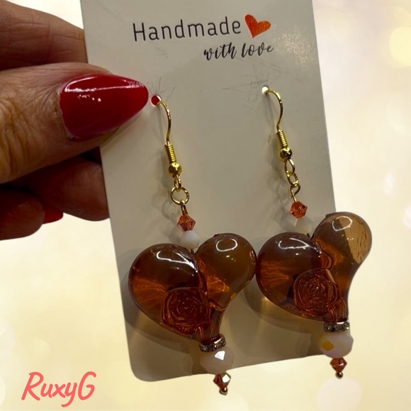590. Handmade Heart Earrings - Gold and Brown W/ Padpatadsha Swarovski crystals - Picture 4 of 8